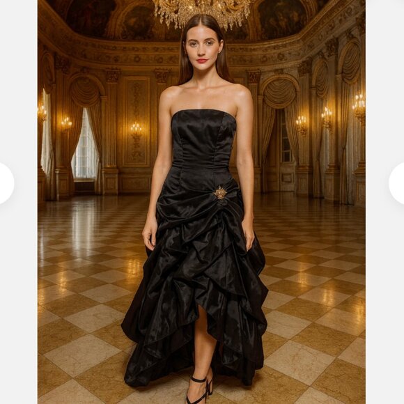 VTG Y2K Jessica McClintock Black Strapless Formal Gown Dress Gothic S/XS Satin - Picture 1 of 15